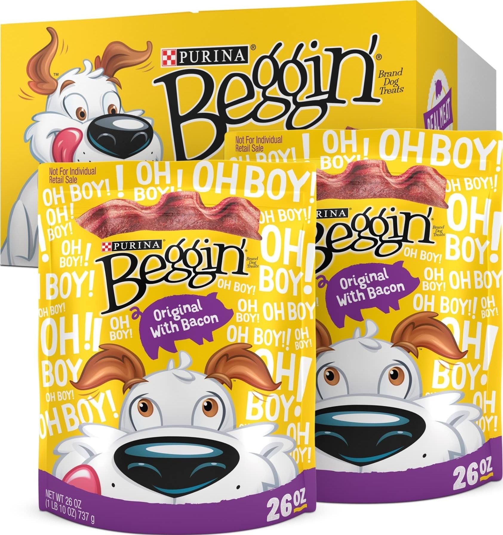 Purina Beggin' vista frontal del empaque con diseño atractivo y tentador