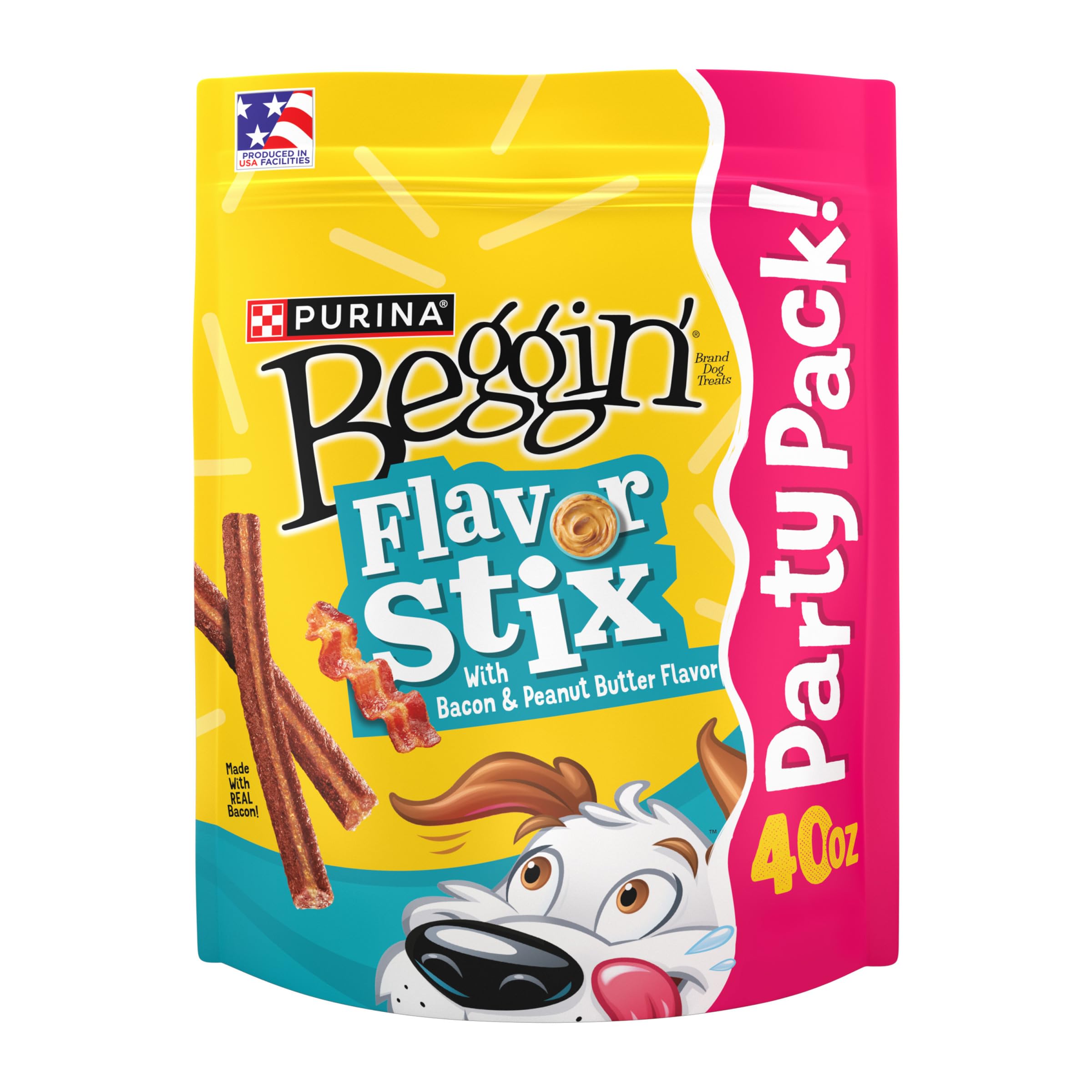 Purina Beggin' frente del paquete mostrando el tamaño y sello de sabores