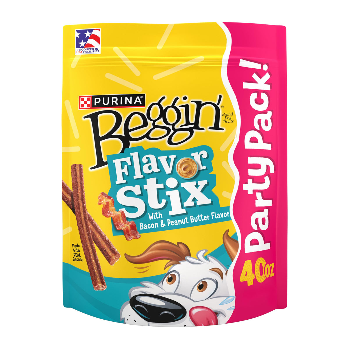 Purina Beggin' frente del paquete mostrando el tamaño y sello de sabores