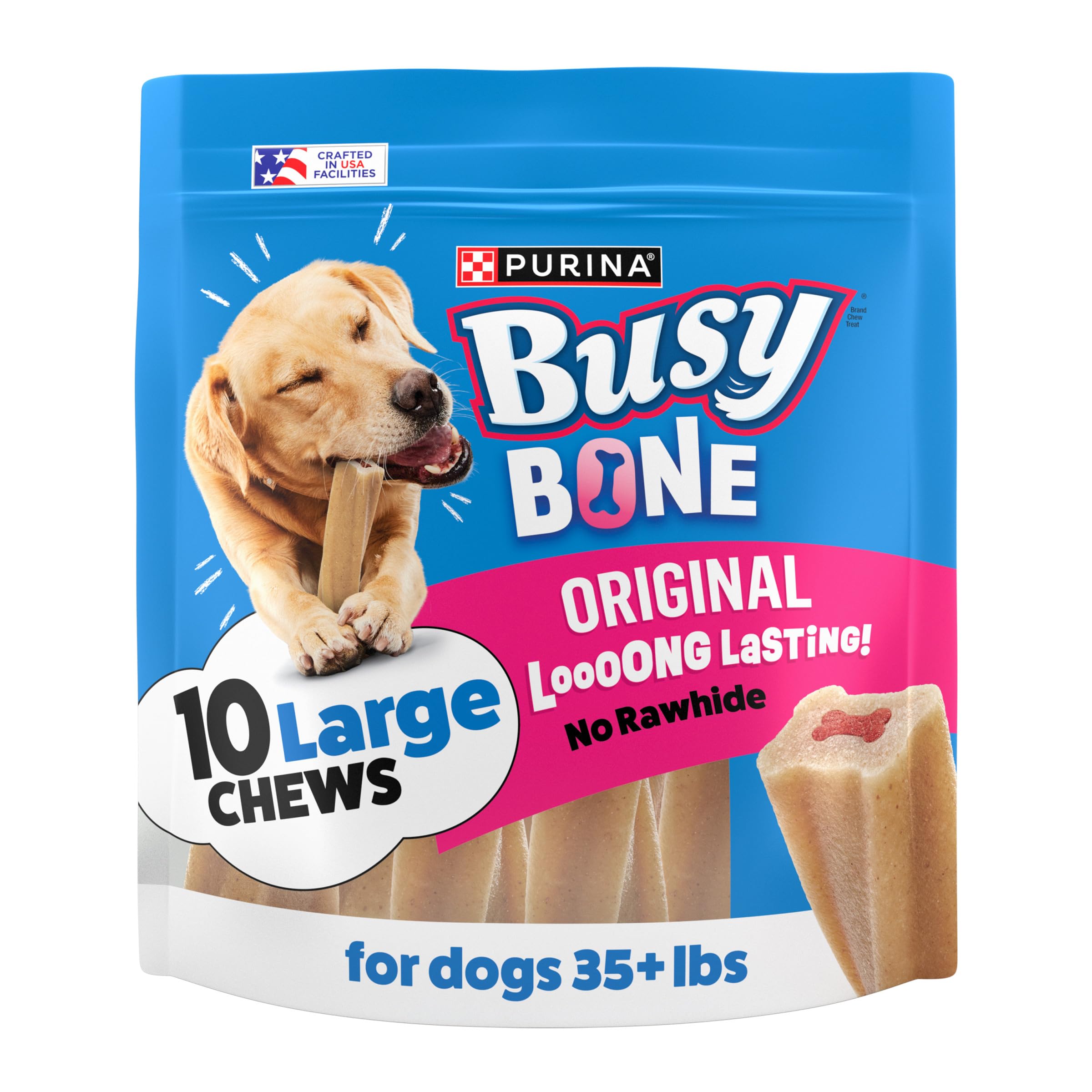 Purina Busy bolsa frontal mostrando empaque y beneficio de entretenimiento prolongado