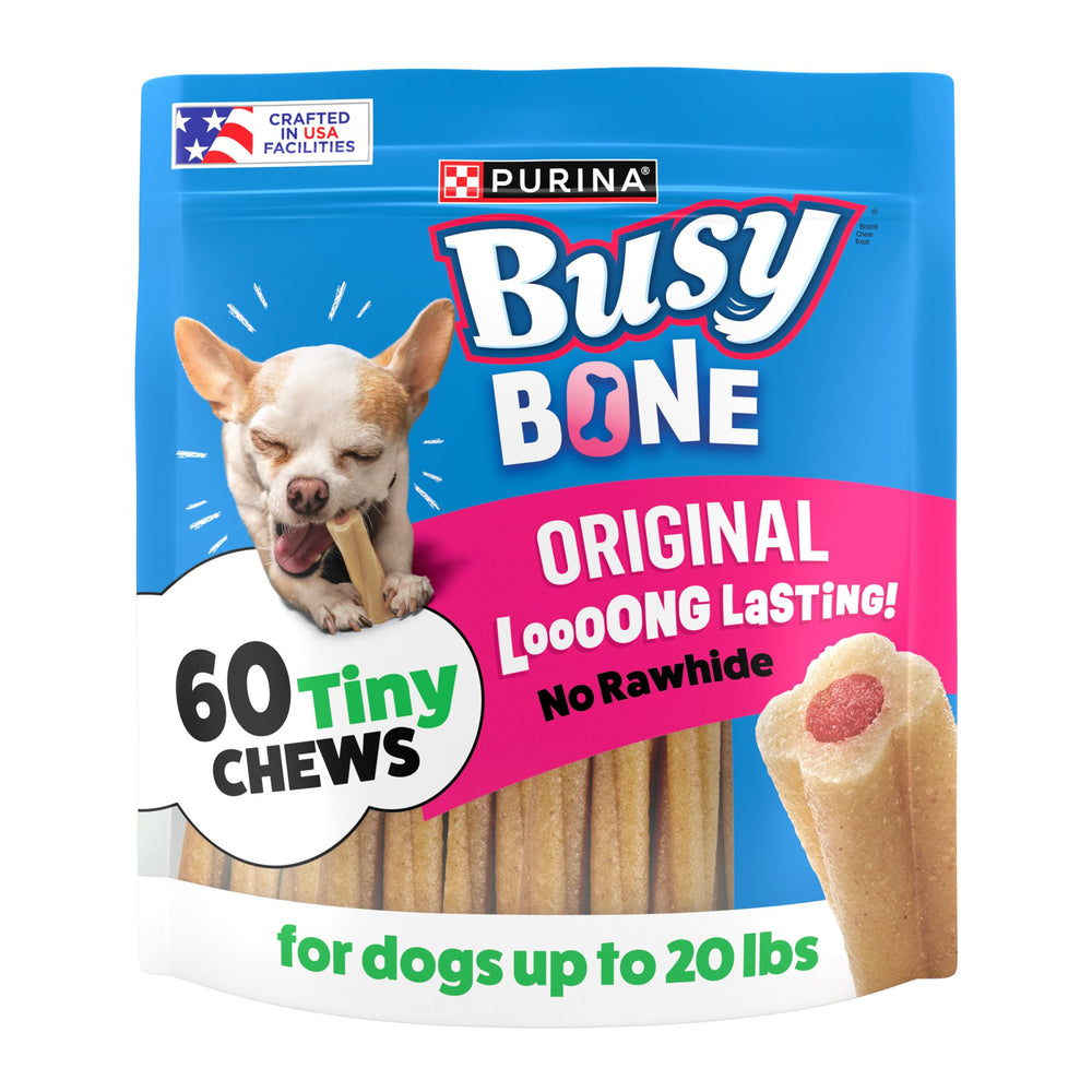 Purina Busy bolsa frontal mostrando 60 unidades y beneficio de entretenimiento