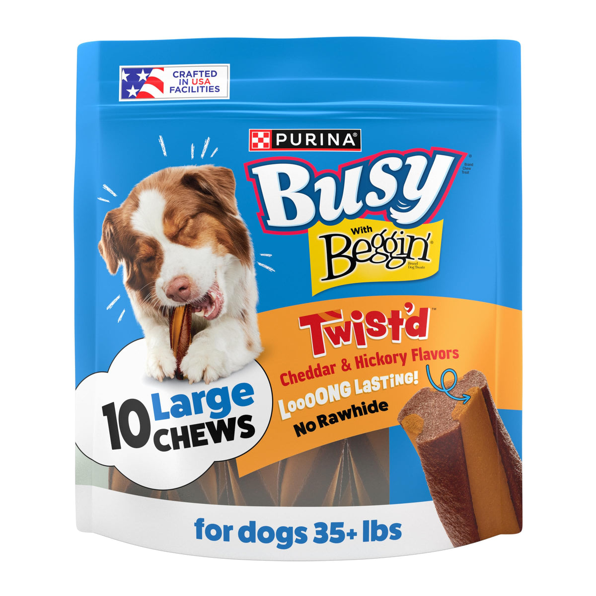 Purina Busy vista frontal del empaque, muestra bolsa de 10 unidades para ofrecer confianza