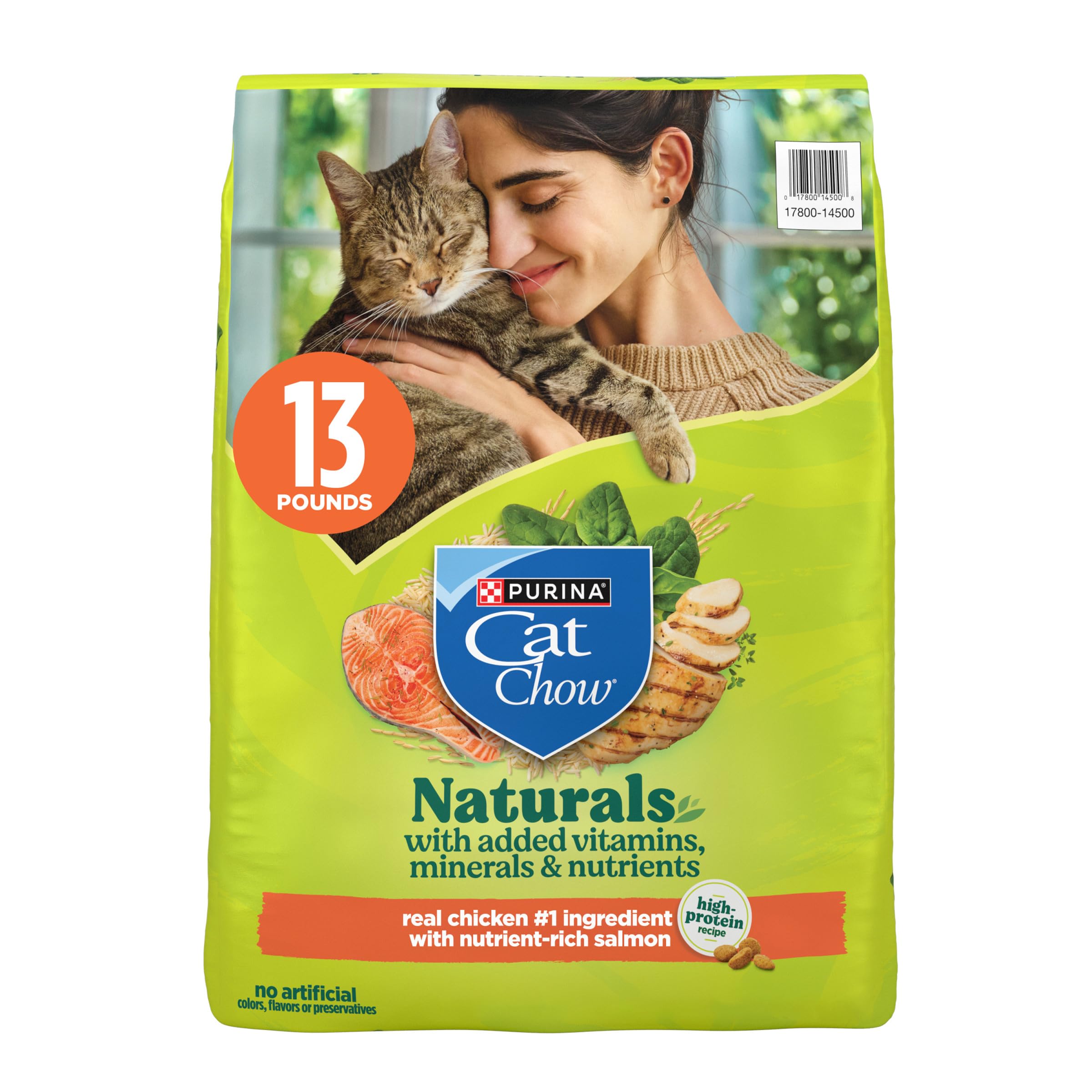 Purina Cat Chow empaque frontal mostrando fórmula natural y beneficios