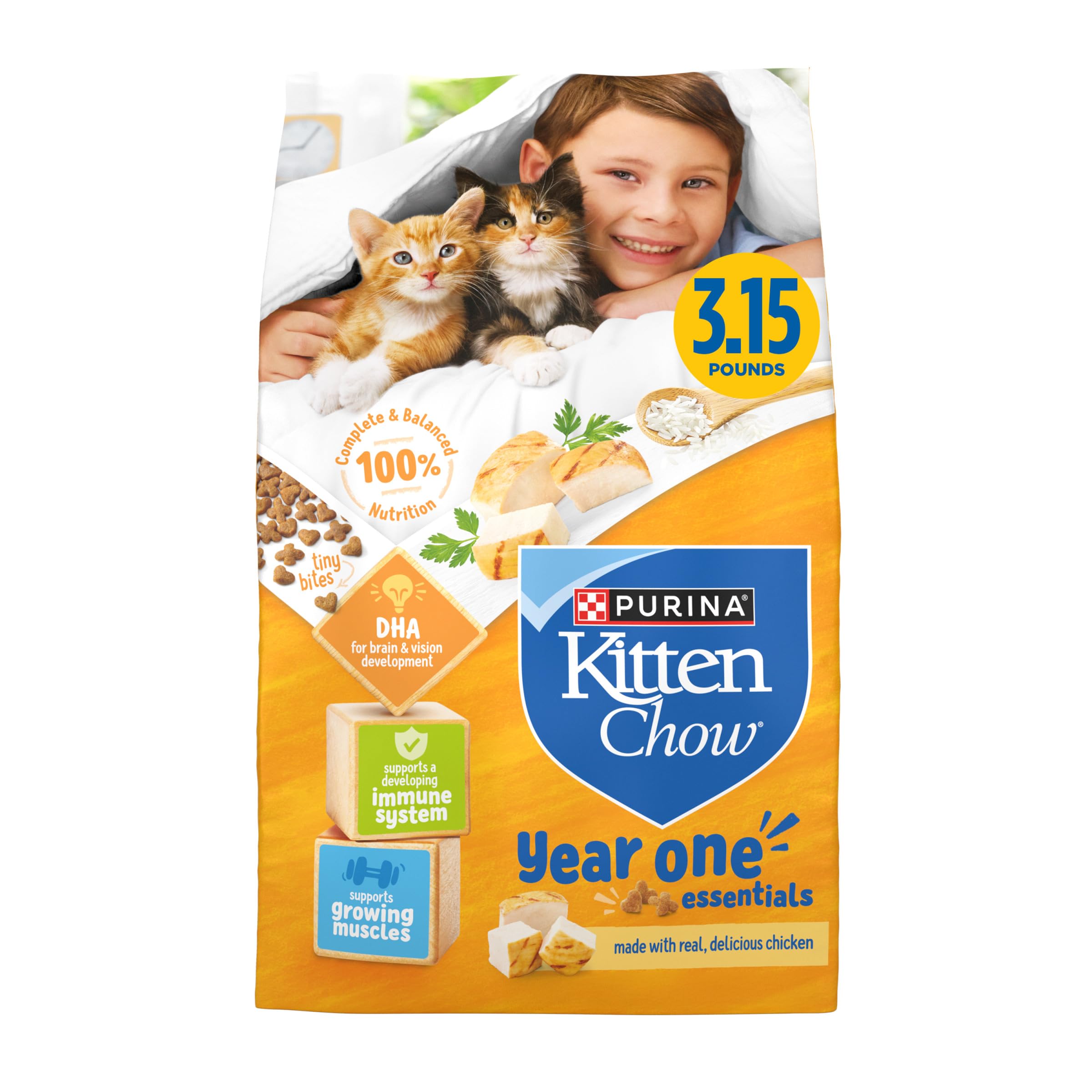 Purina Kitten Chow front packaging showing product benefits and weight