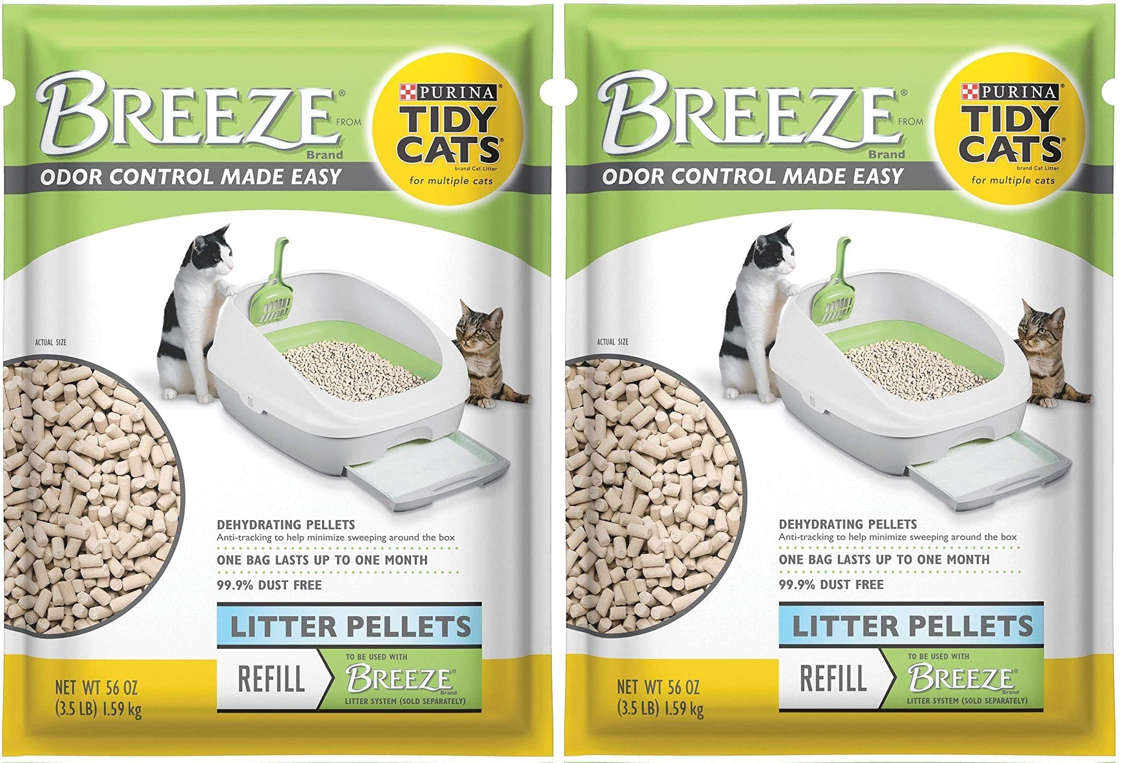 Purina Litter paquete frontal con pellets mostrando control de olores y ahorro