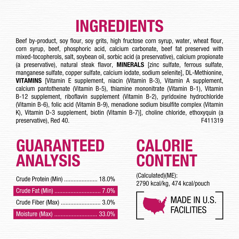 Purina Moist & Meaty comparación de tamaño del sobre para porciones controladas