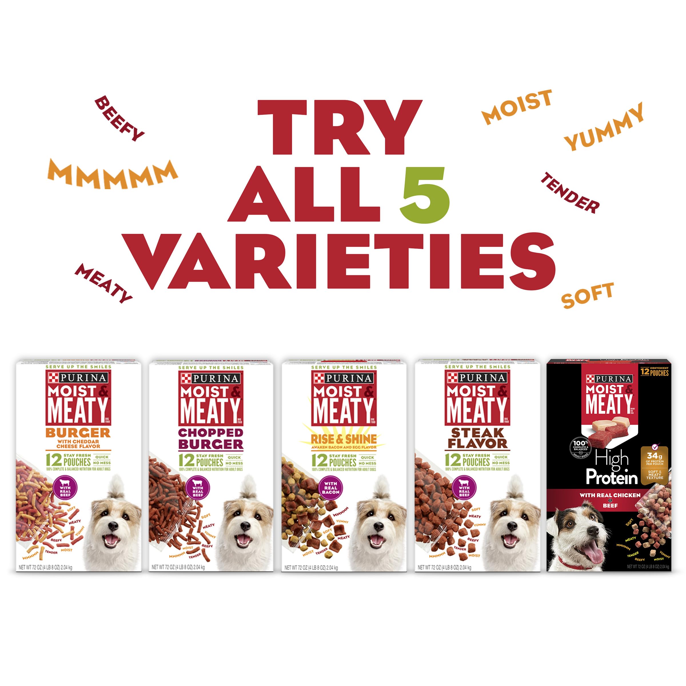 Purina Moist & Meaty perro feliz comiendo, sabor atractivo y textura tierna