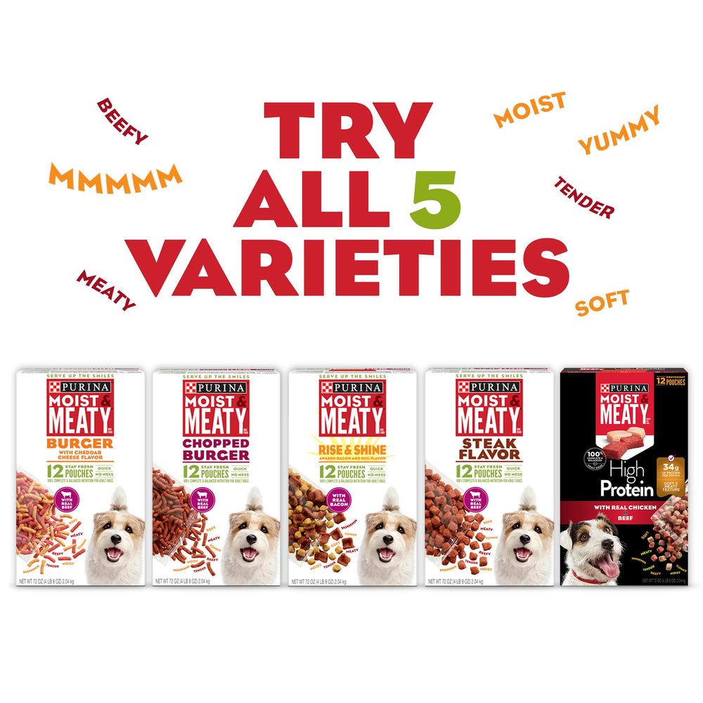 Purina Moist & Meaty perro feliz comiendo, sabor atractivo y textura tierna