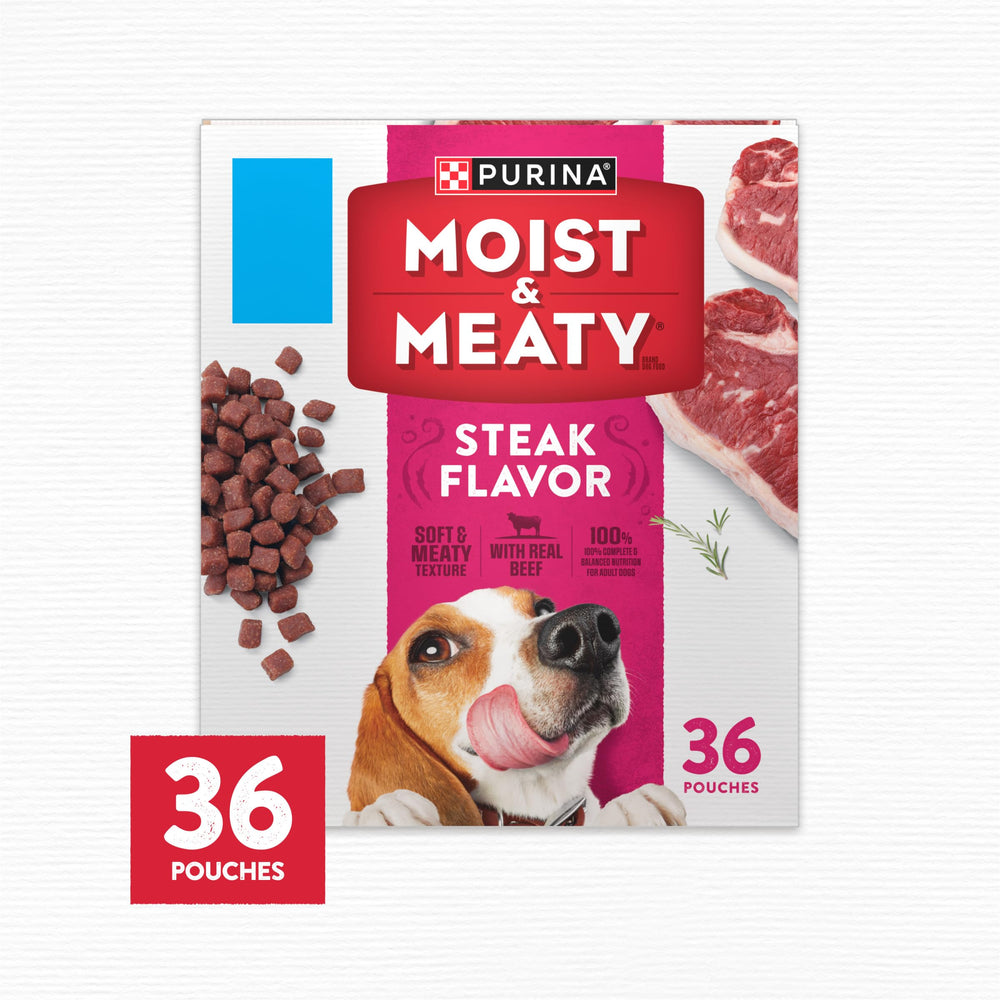 Purina Moist & Meaty etiqueta nutricional visible con información balanceada