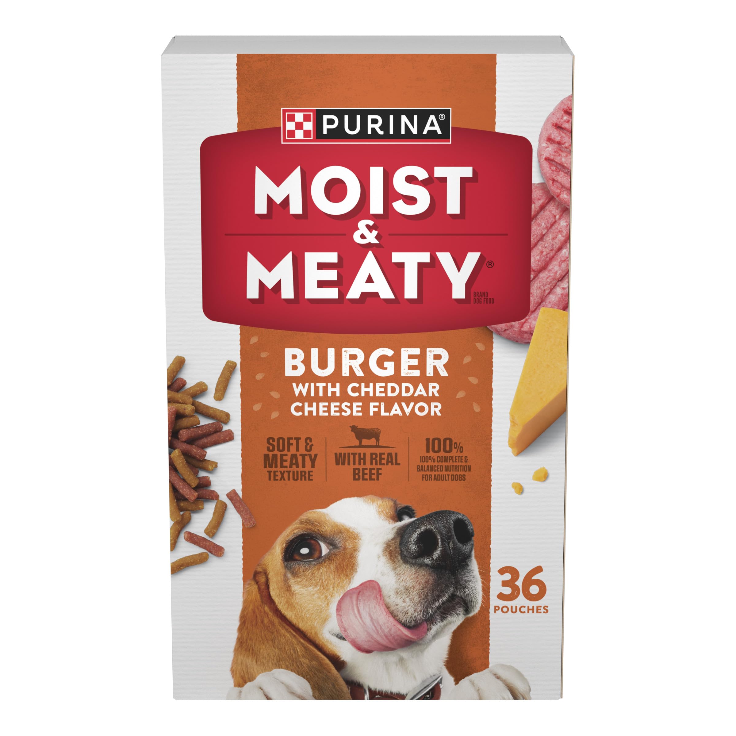 Purina Moist & Meaty empaque frontal mostrando 36 sobres, práctico y compacto