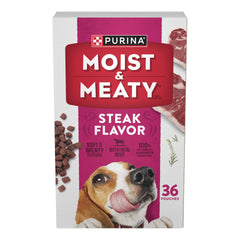 Purina Moist & Meaty paquete frontal mostrando sobres y beneficio práctico