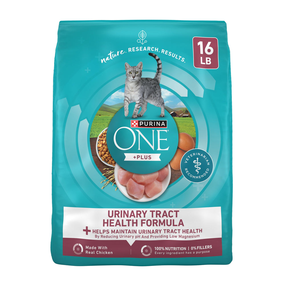 Purina ONE paquete frontal mostrando diseño y tamaño 16 lb con información clara
