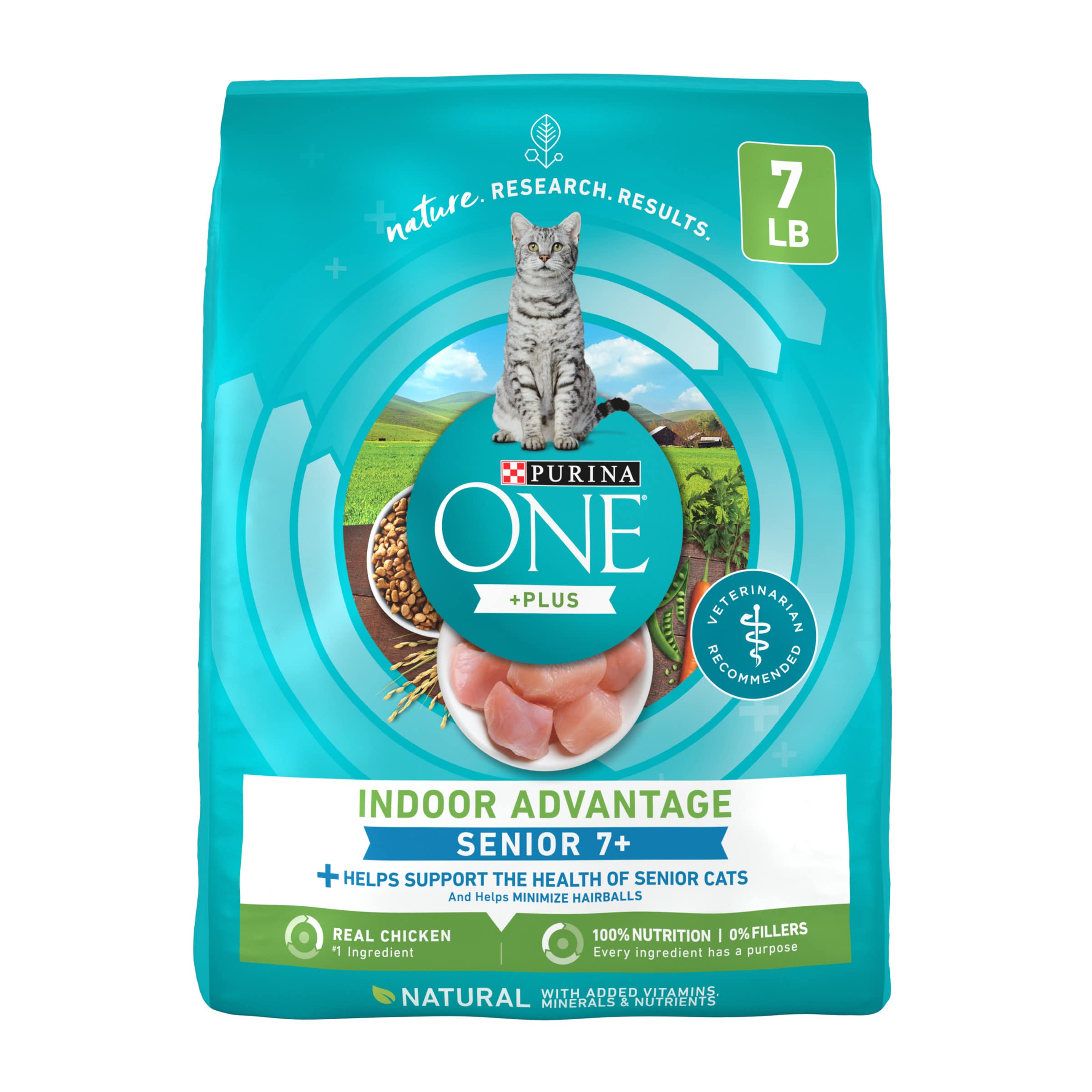 Purina ONE bolsa frente mostrando diseño y ventaja para gatos mayores