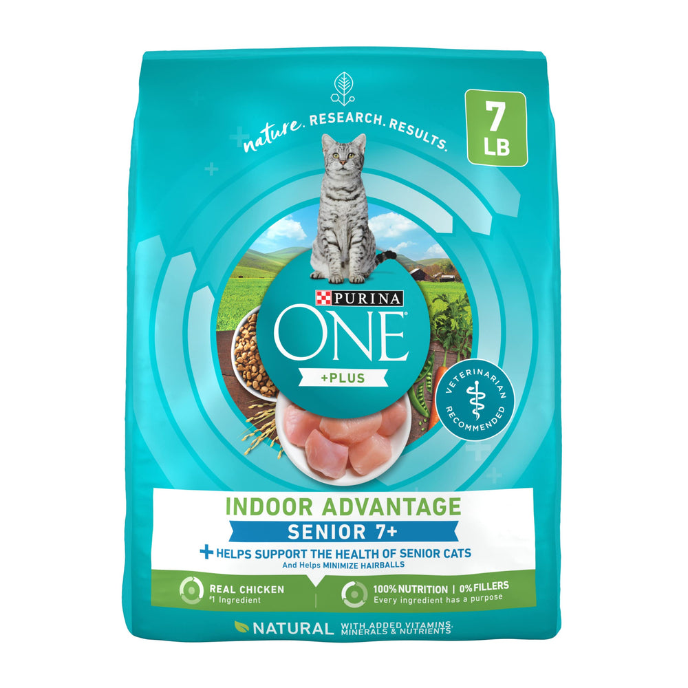 Purina ONE bolsa frente mostrando diseño y ventaja para gatos mayores