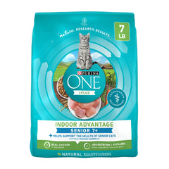Purina ONE bolsa frente mostrando diseño y ventaja para gatos mayores