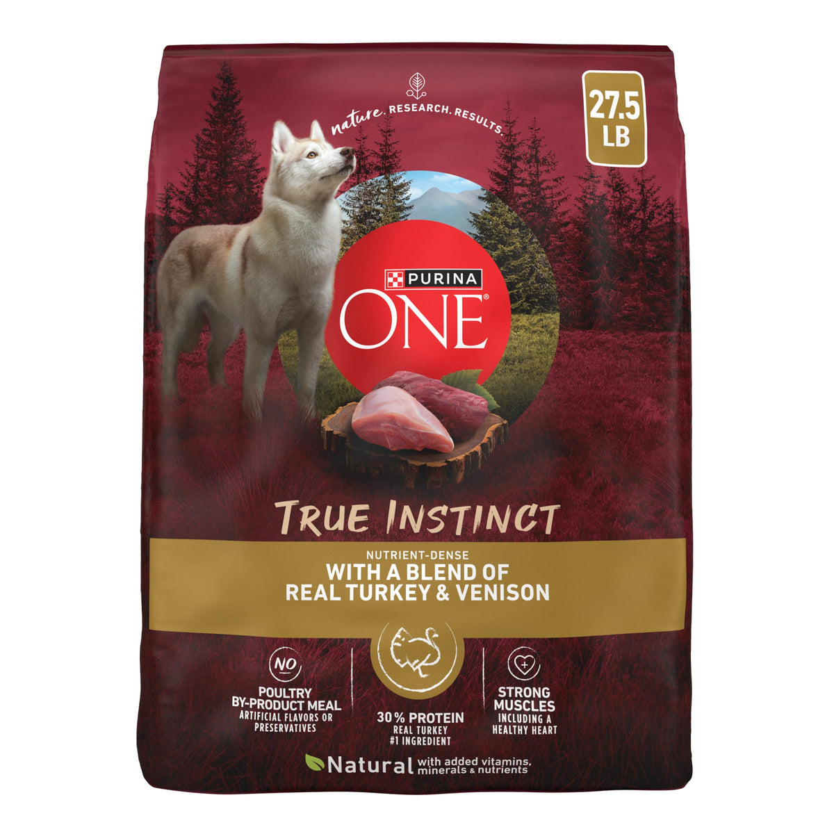 Purina ONE bolsa frontal pavo y venado mostrando presentación 27.5 lb