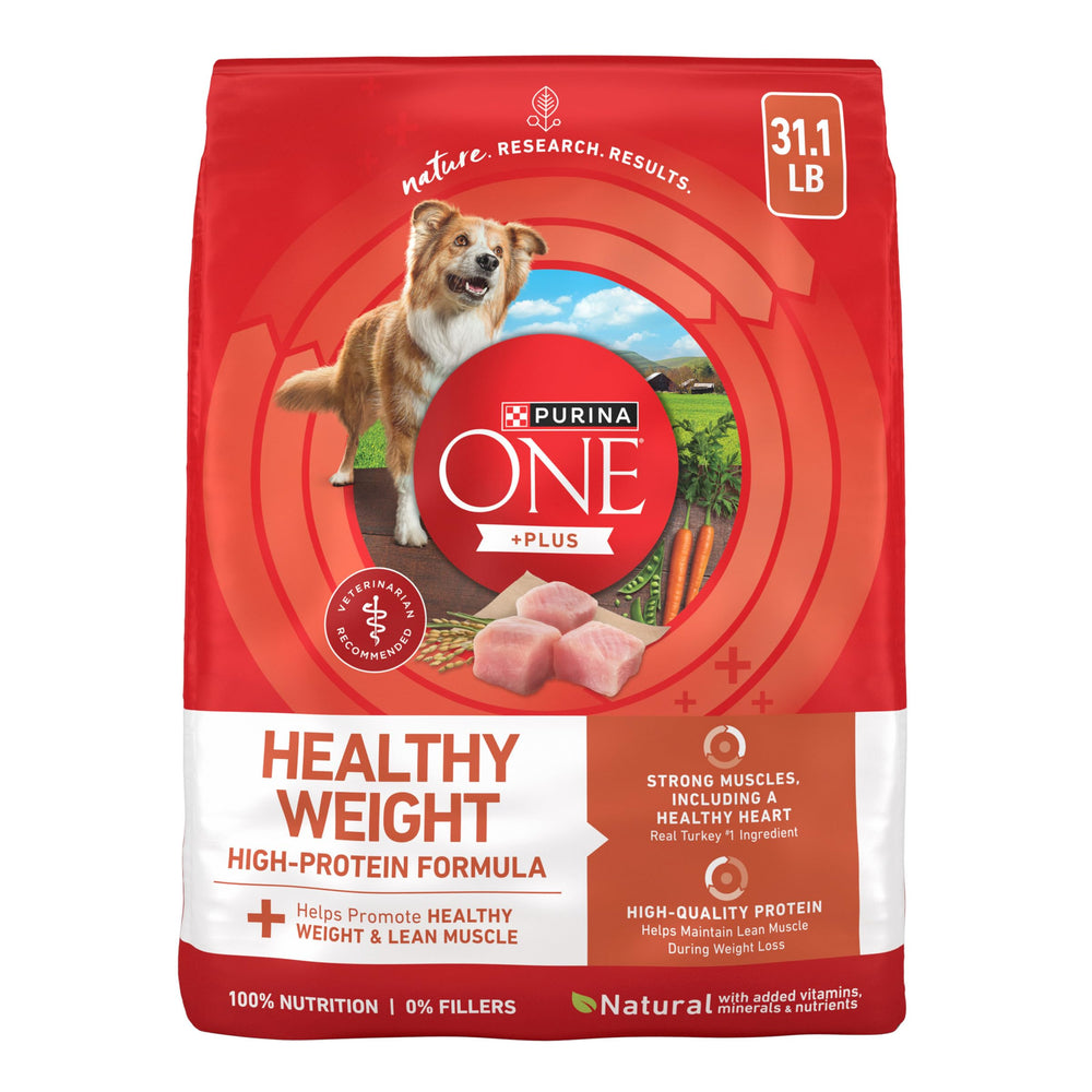 Purina ONE bolsa frontal con pavo mostrando fórmula para control de peso