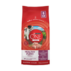 Purina ONE bolsa frontal mostrando la fórmula para cachorros y confianza de la marca