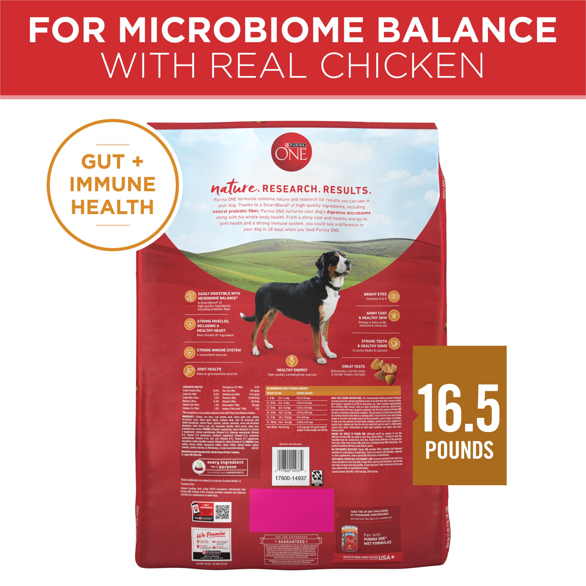 Purina ONE embalaje lateral mostrando instrucciones y sellado, almacenamiento seguro