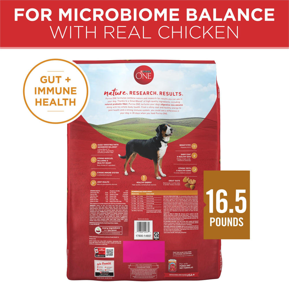 Purina ONE embalaje lateral mostrando instrucciones y sellado, almacenamiento seguro