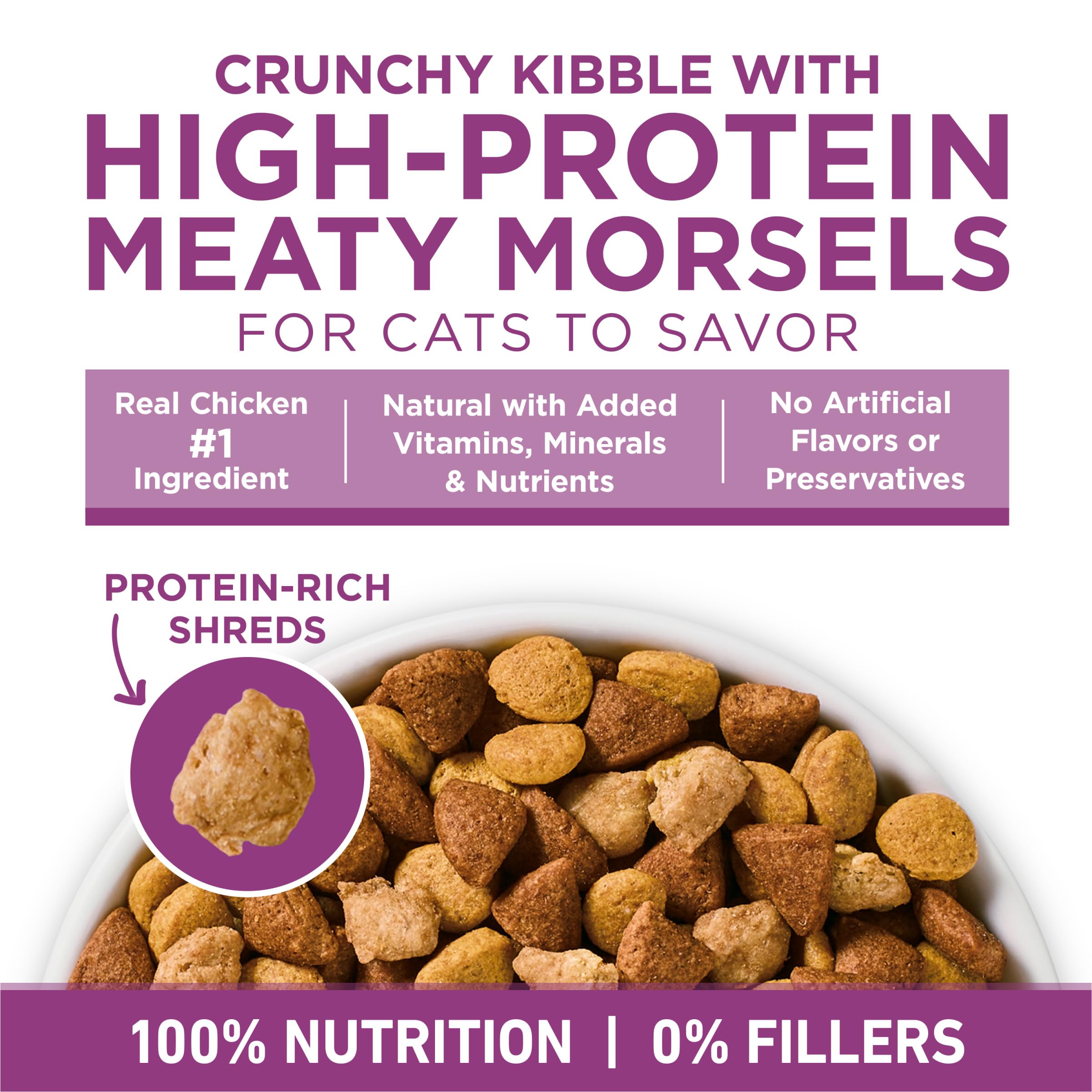 Purina ONE etiqueta nutricional cercana mostrando vitaminas y probióticos