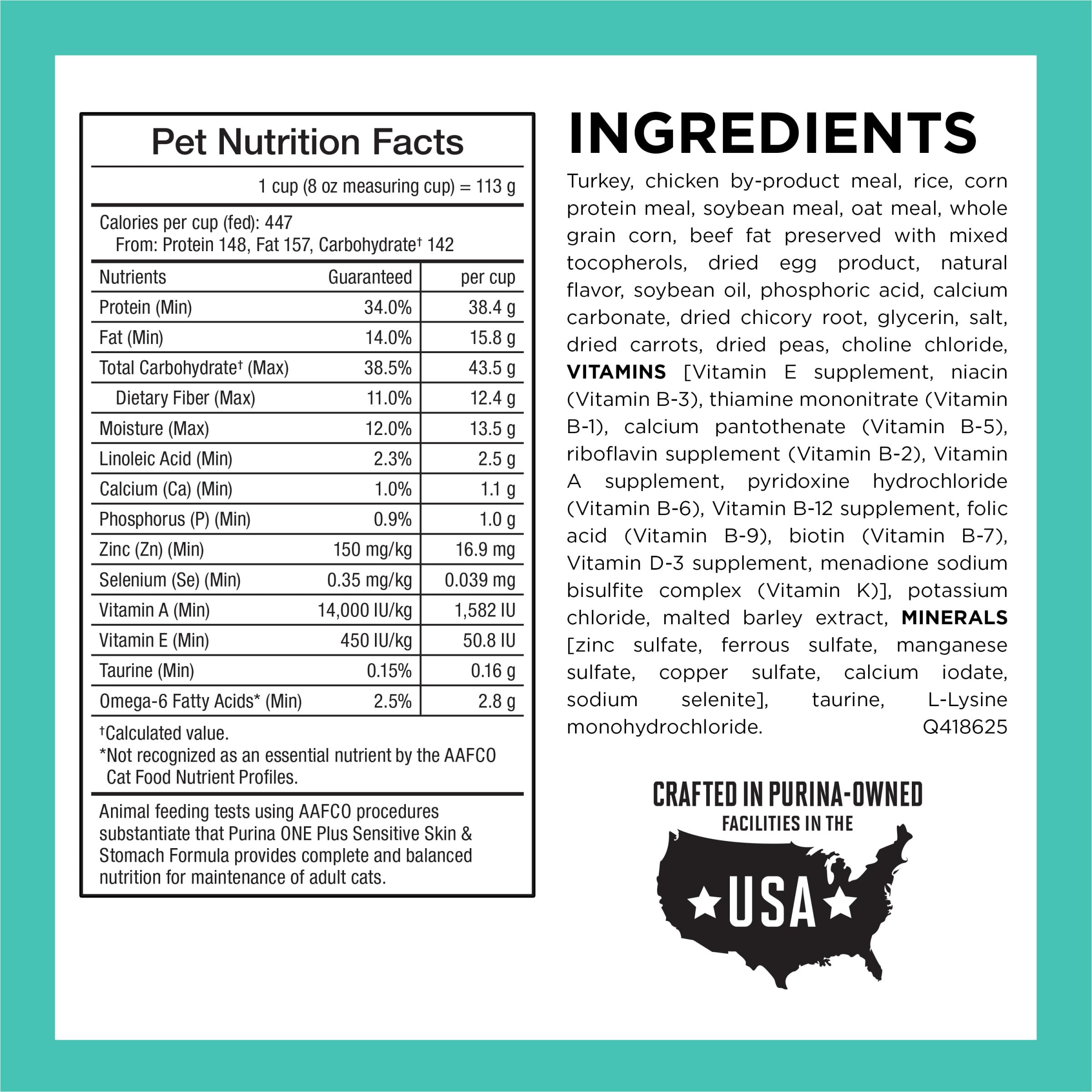Purina ONE etiqueta nutricional con información de proteínas y prebióticos