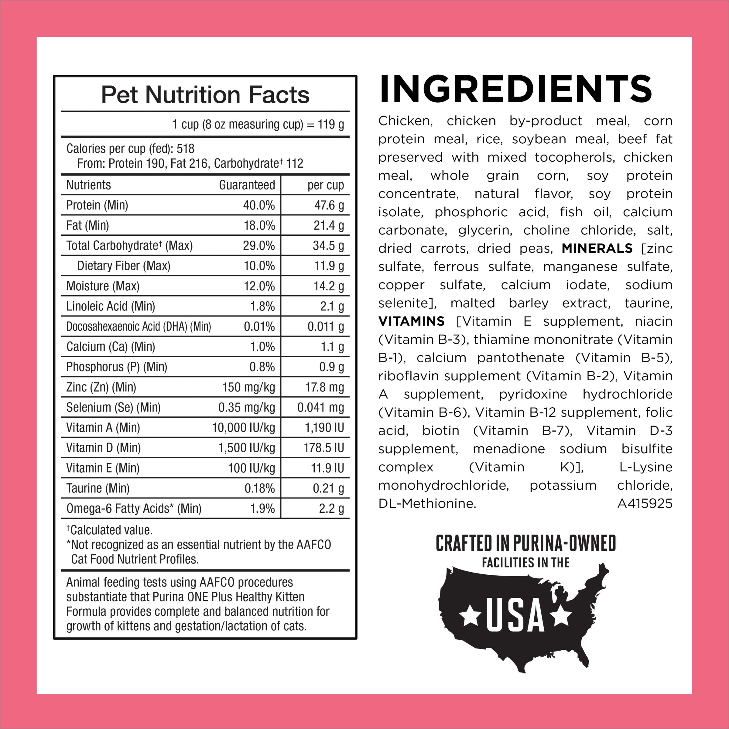 Purina ONE etiqueta nutricional legible, información completa y equilibrada