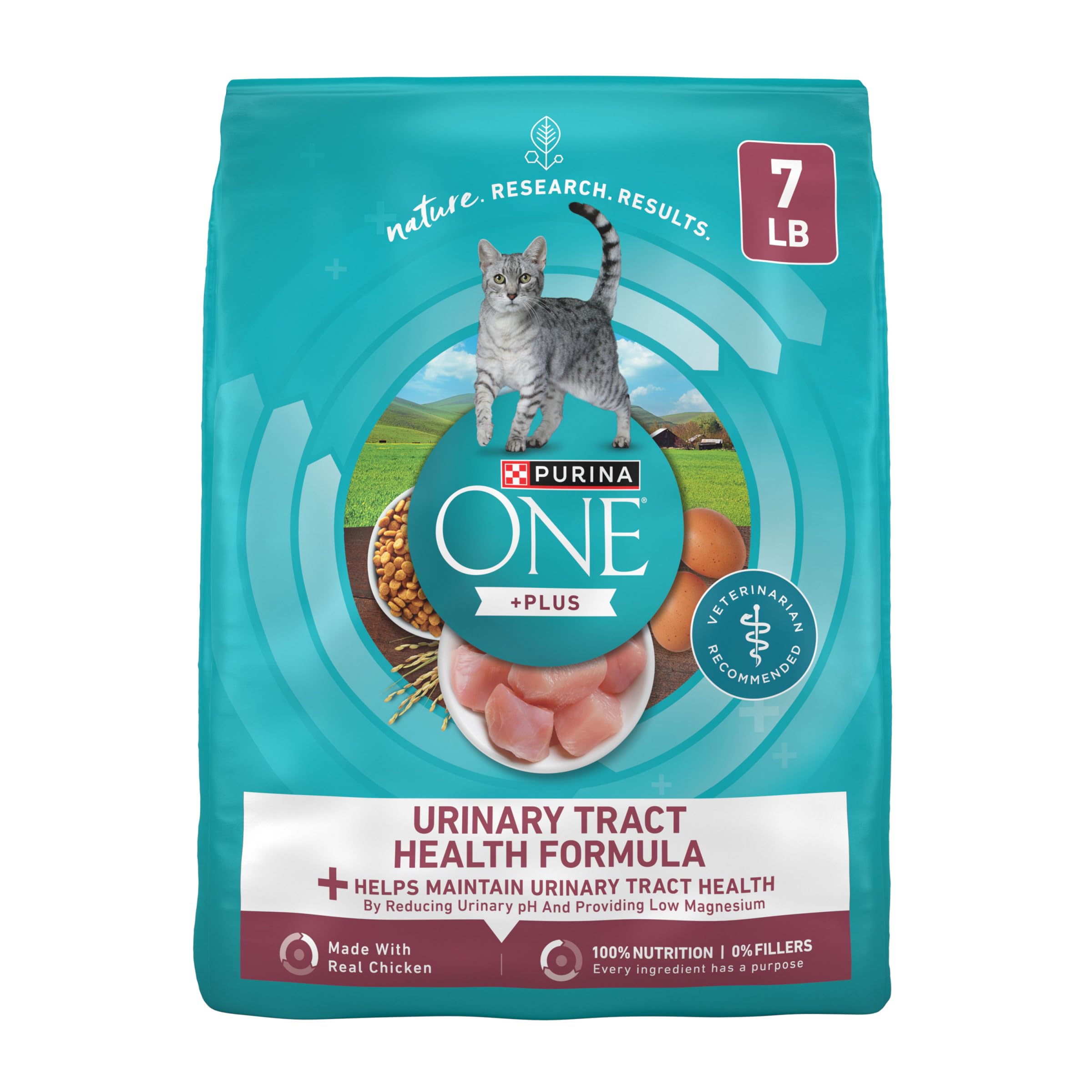 Purina ONE bolsa frontal 7 lb mostrando diseño y beneficios