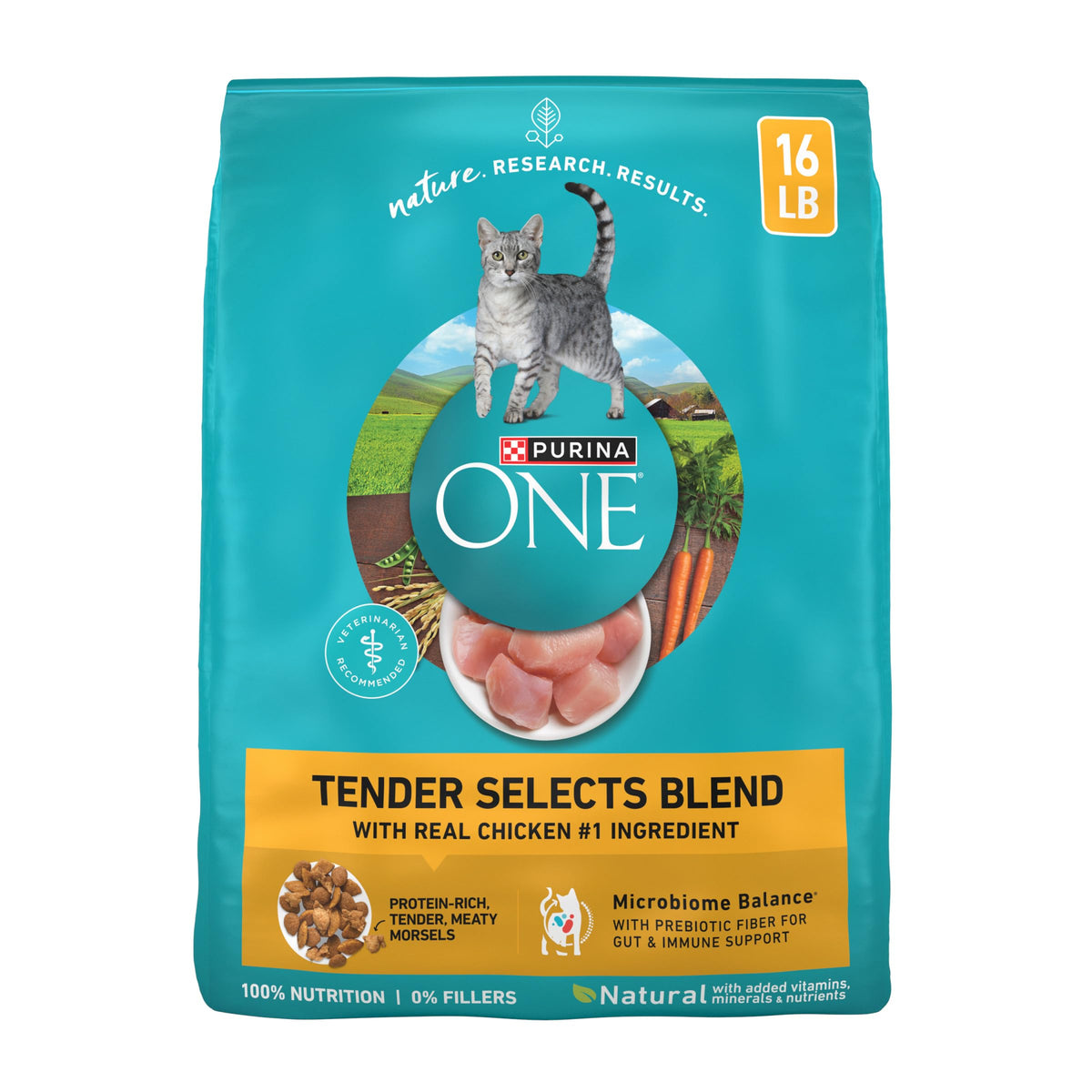 Purina ONE frente del empaque mostrando 16 lb y beneficios visibles