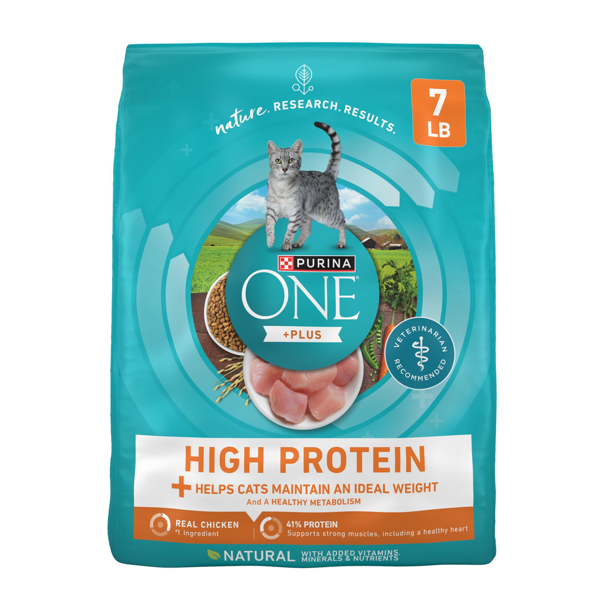 Purina ONE frente del paquete mostrando balance nutricional y control de peso