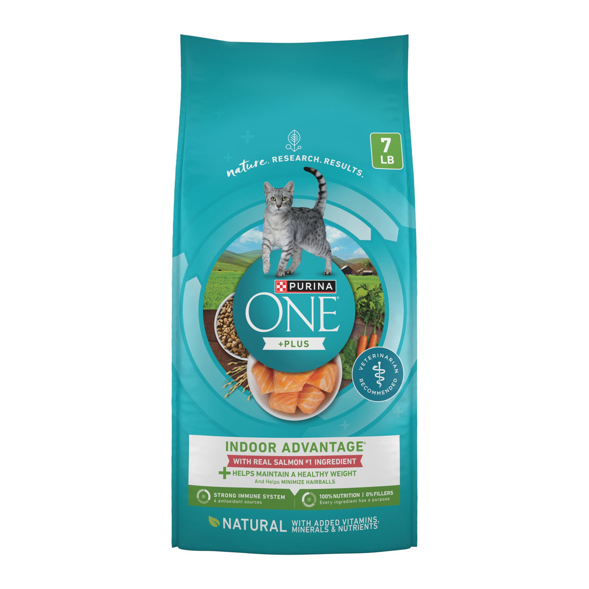 Purina ONE frente del paquete mostrando fórmula con salmón y beneficios