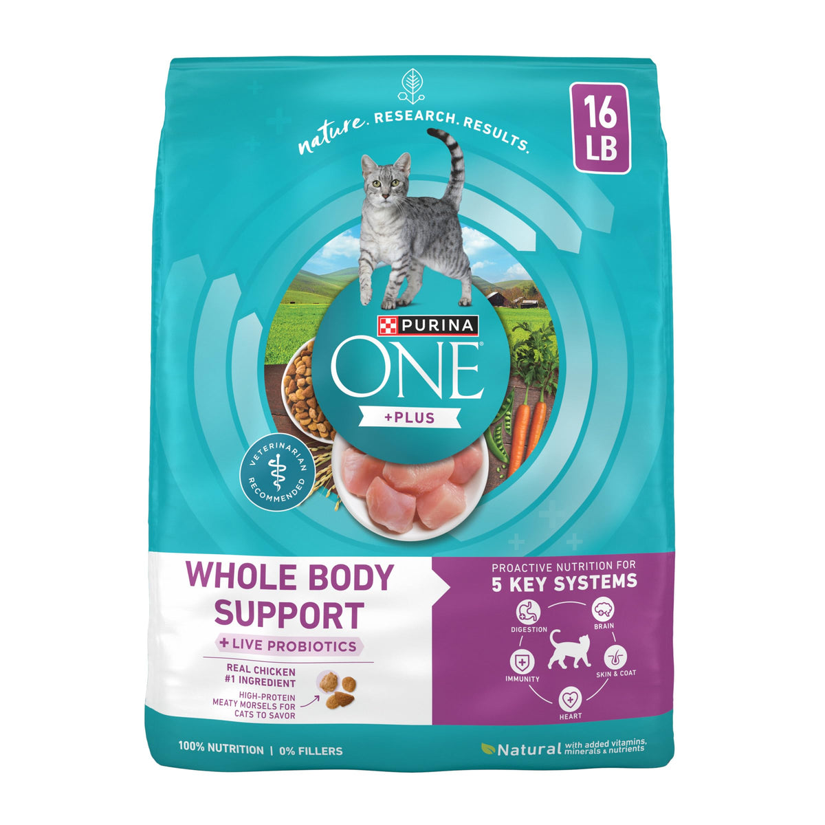 Purina ONE frente del paquete mostrando fórmula Whole Body Support y beneficios