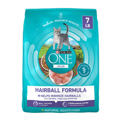 Purina ONE frente del paquete mostrando la fórmula Hairball Control y beneficios visibles