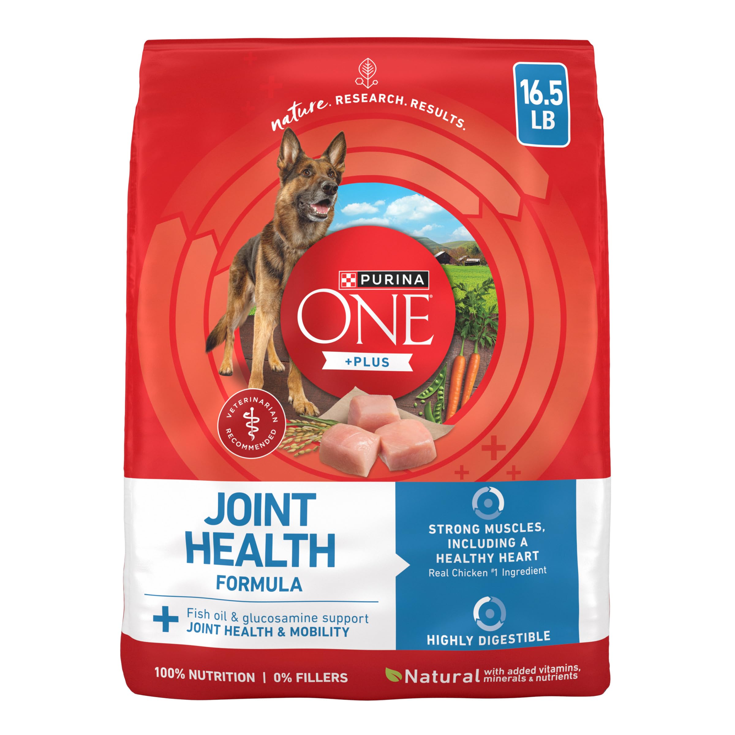 Purina ONE frontal del envase mostrando la bolsa 16.5 lb y beneficios