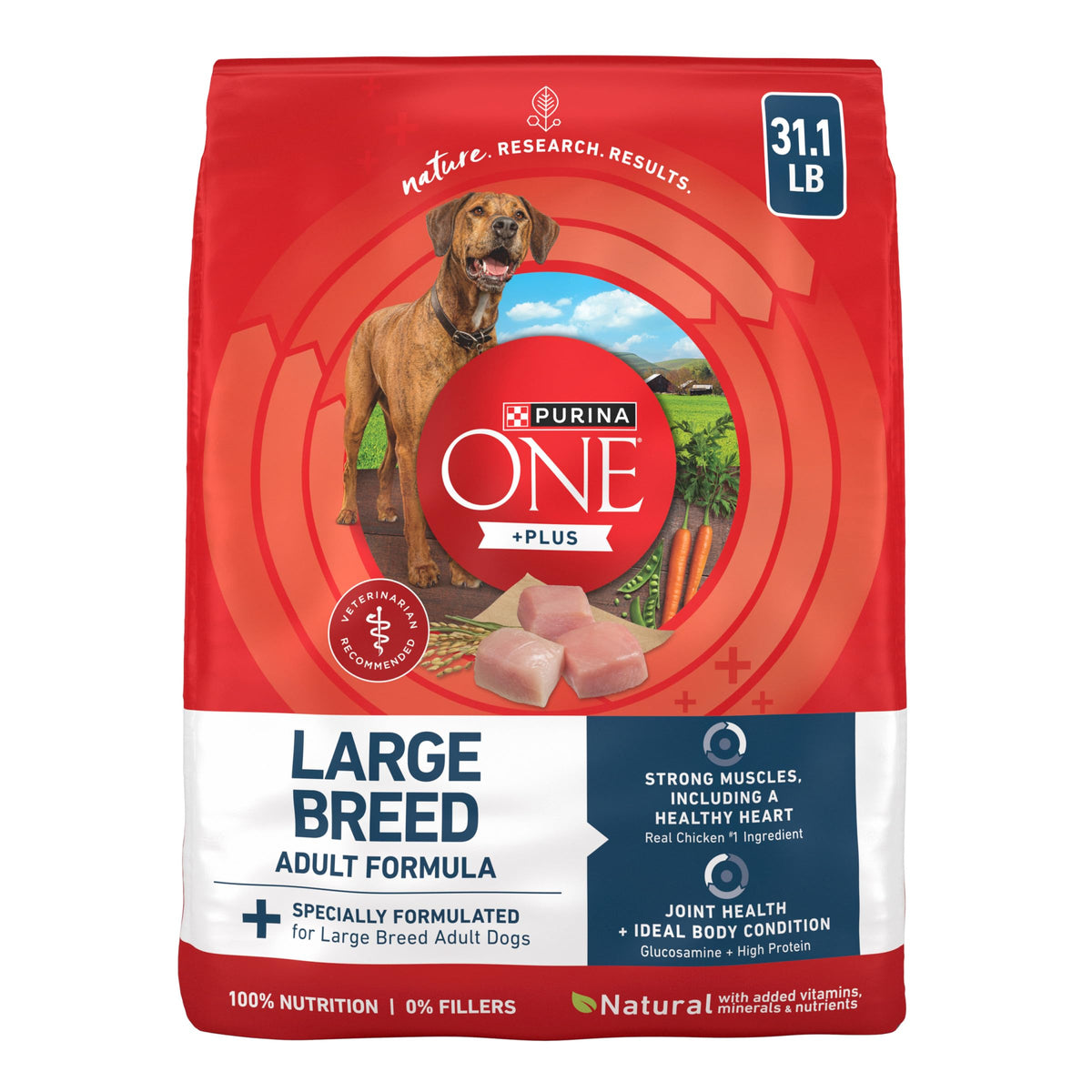 Purina ONE frente del paquete mostrando la fórmula large breed y beneficios