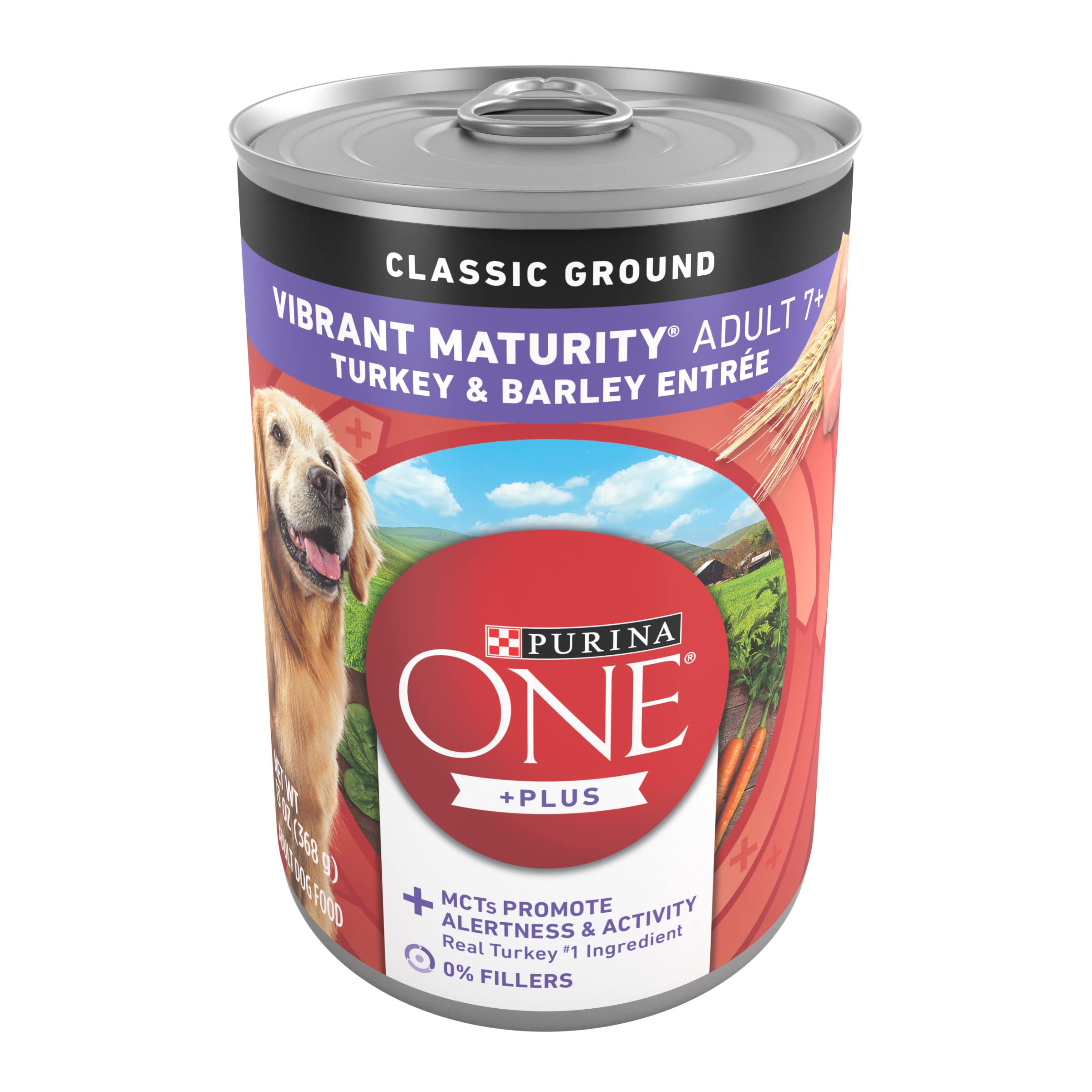 Purina ONE lata frontal pavo y cebada mostrando diseño y beneficio nutricional