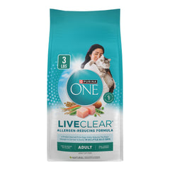 Purina ONE LiveClear frente de la bolsa mostrando diseño y beneficios