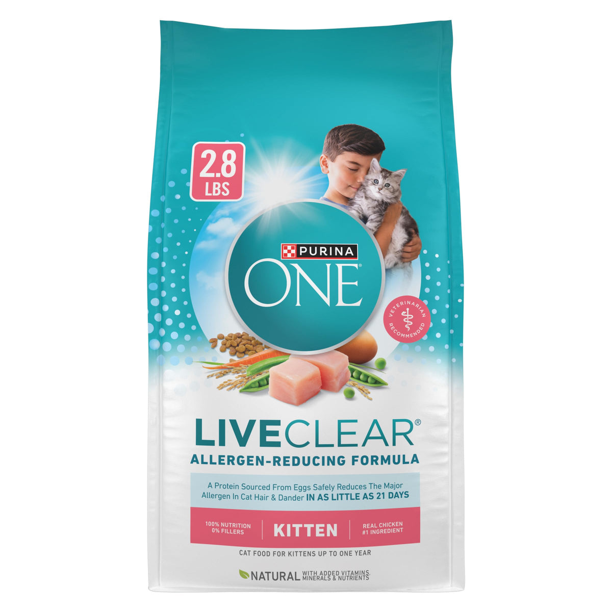 Purina ONE LiveClear frontal del paquete mostrando la marca y beneficios