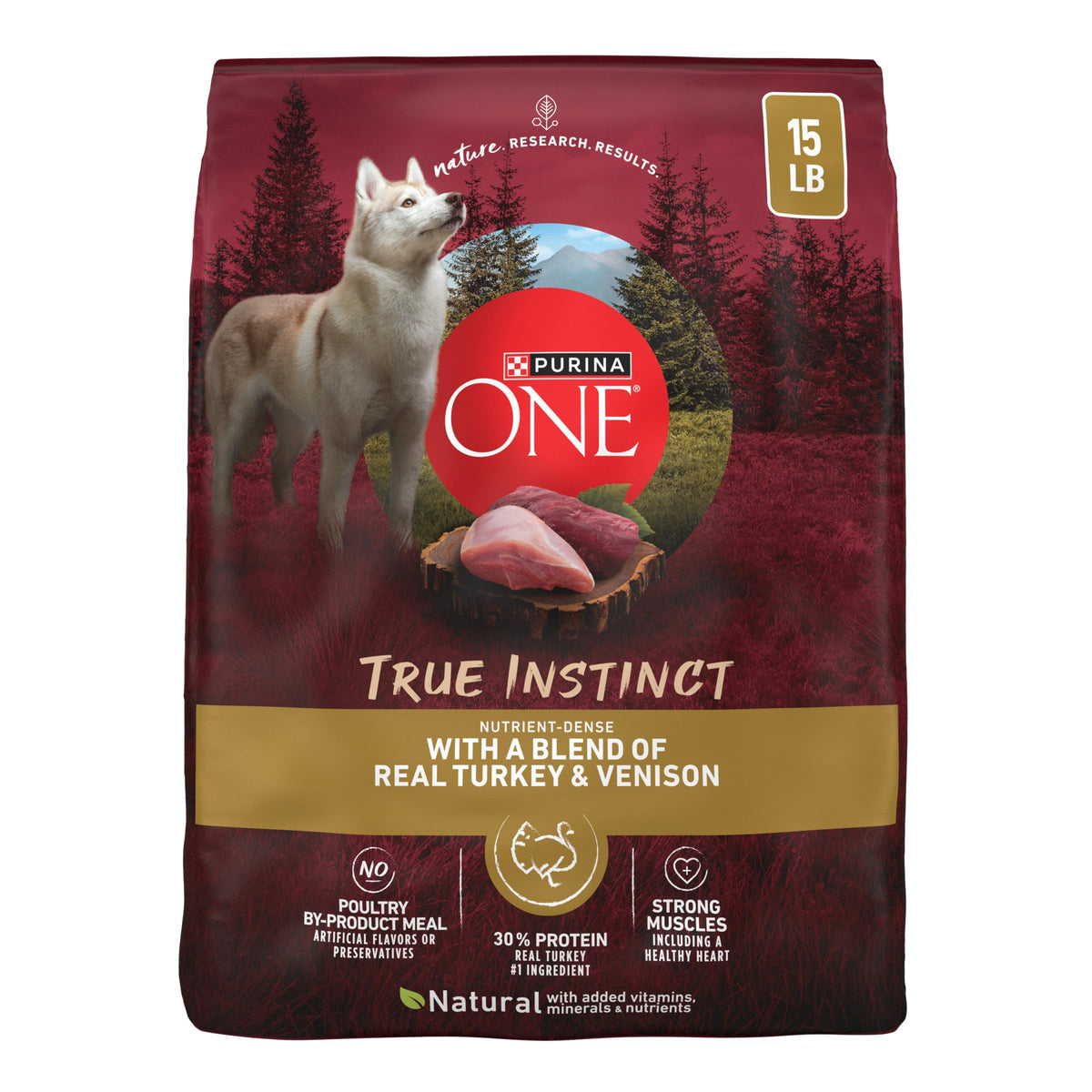 Purina ONE bolsa frontal 15 lb mostrando la marca y beneficio nutricional