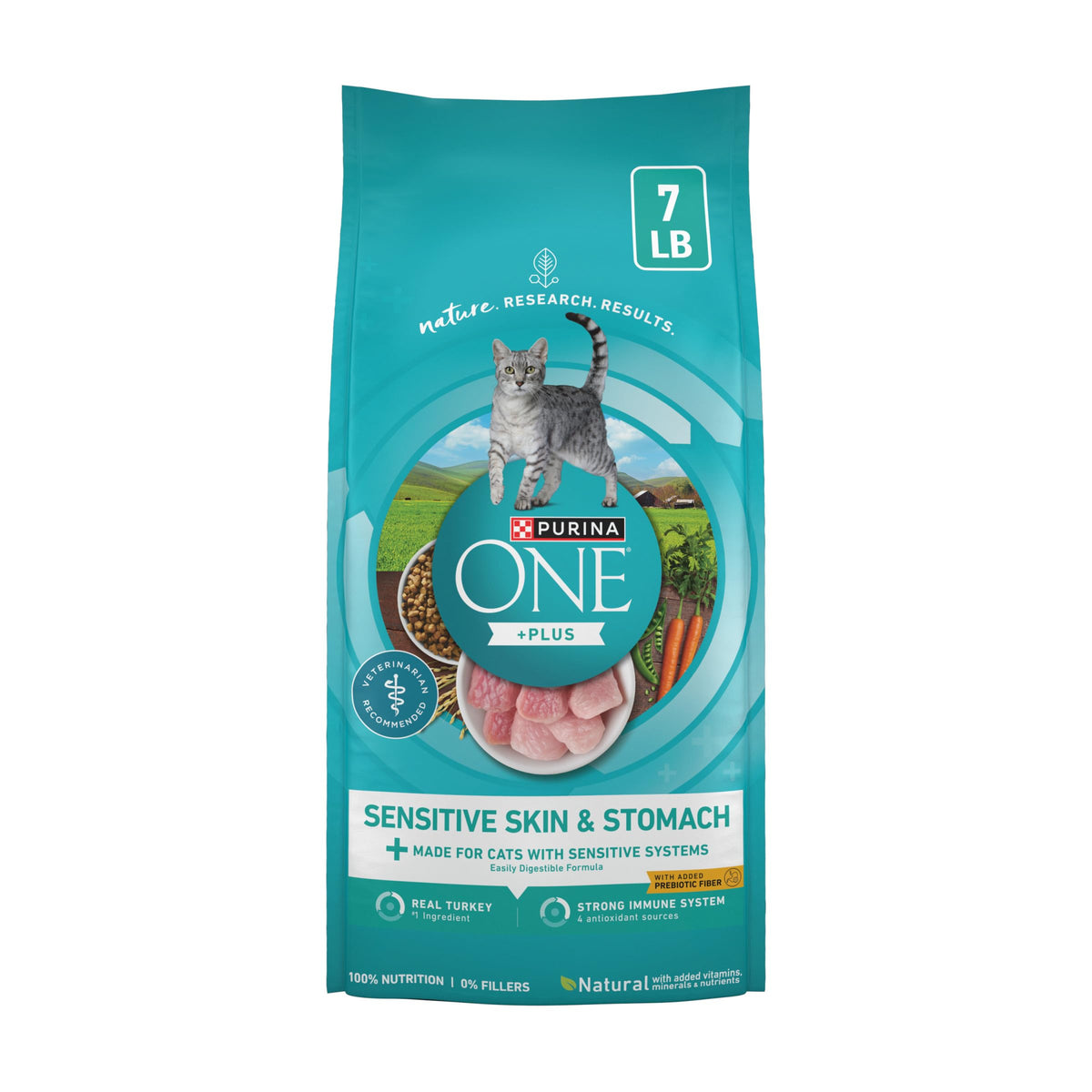 Purina ONE paquete frontal 7 lb mostrando fórmula para estómagos sensibles y beneficio nutricional