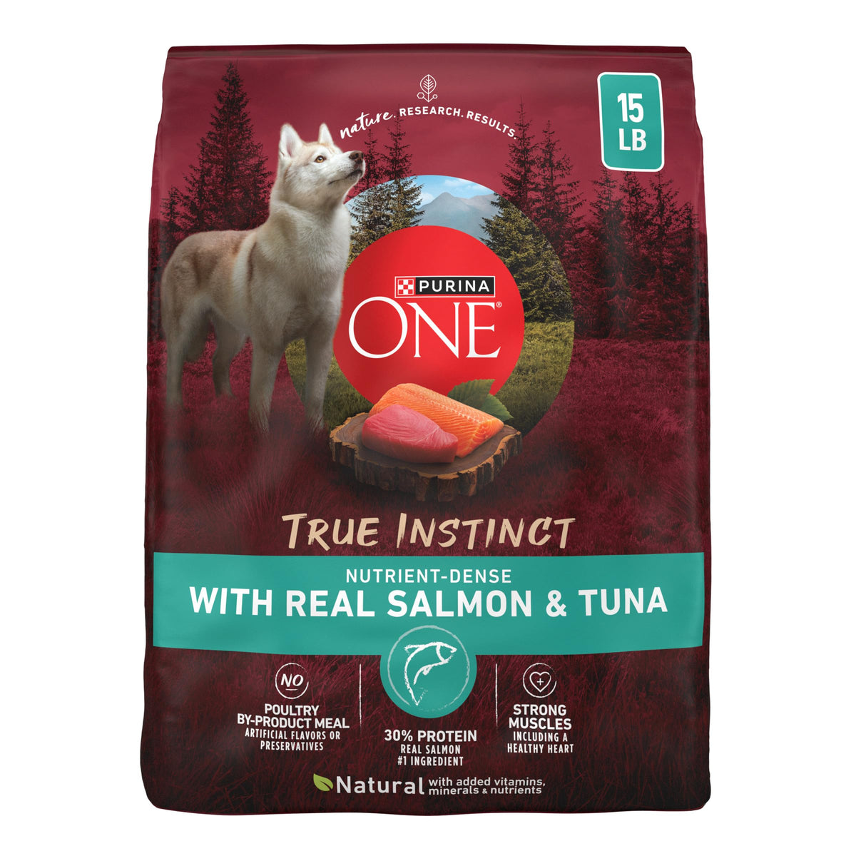 Purina ONE frente del paquete 15 lb mostrando la fórmula de salmón y atún y confianza de marca