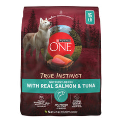 Purina ONE frente del paquete 15 lb mostrando la fórmula de salmón y atún y confianza de marca