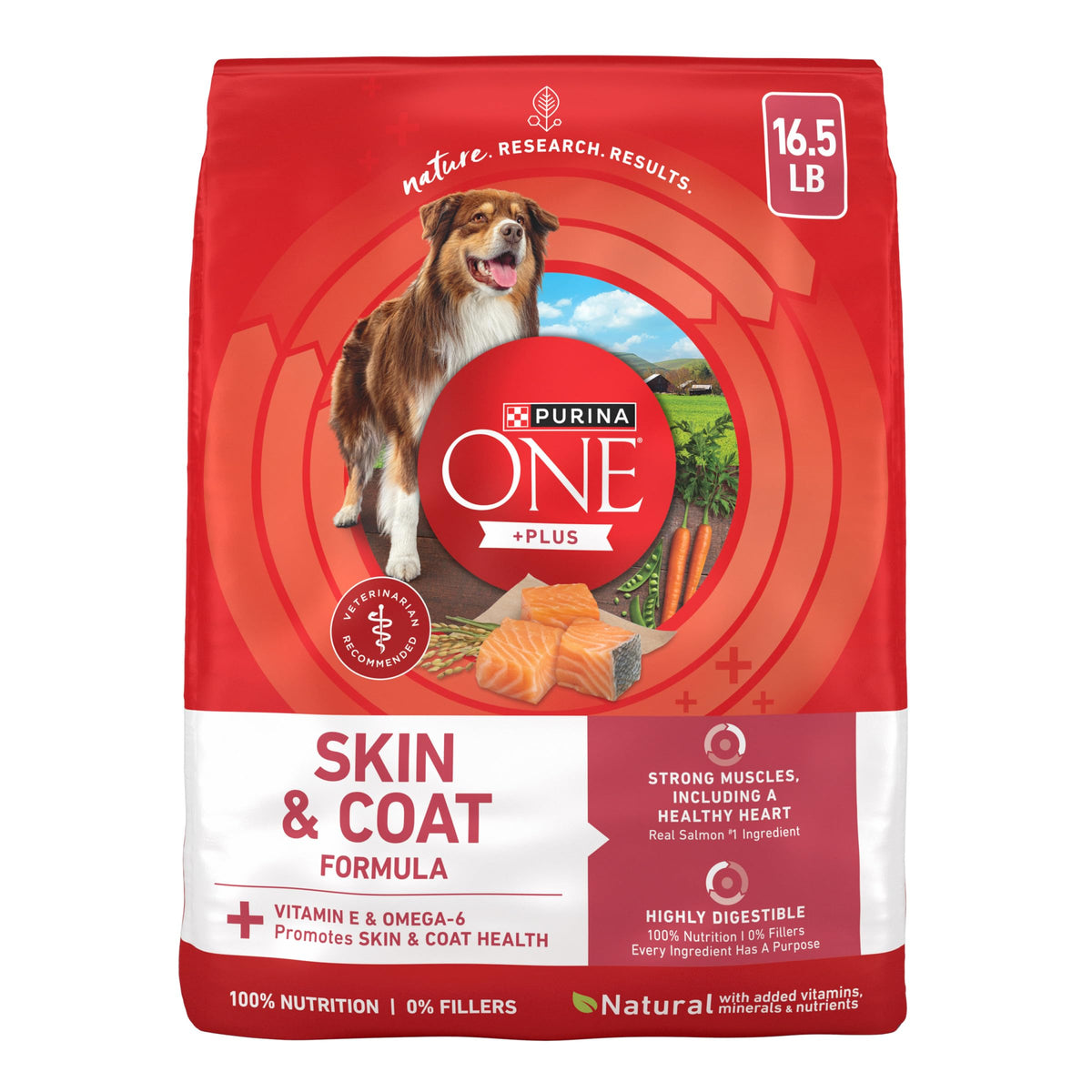 Purina ONE frente del empaque mostrando beneficios para piel y pelaje