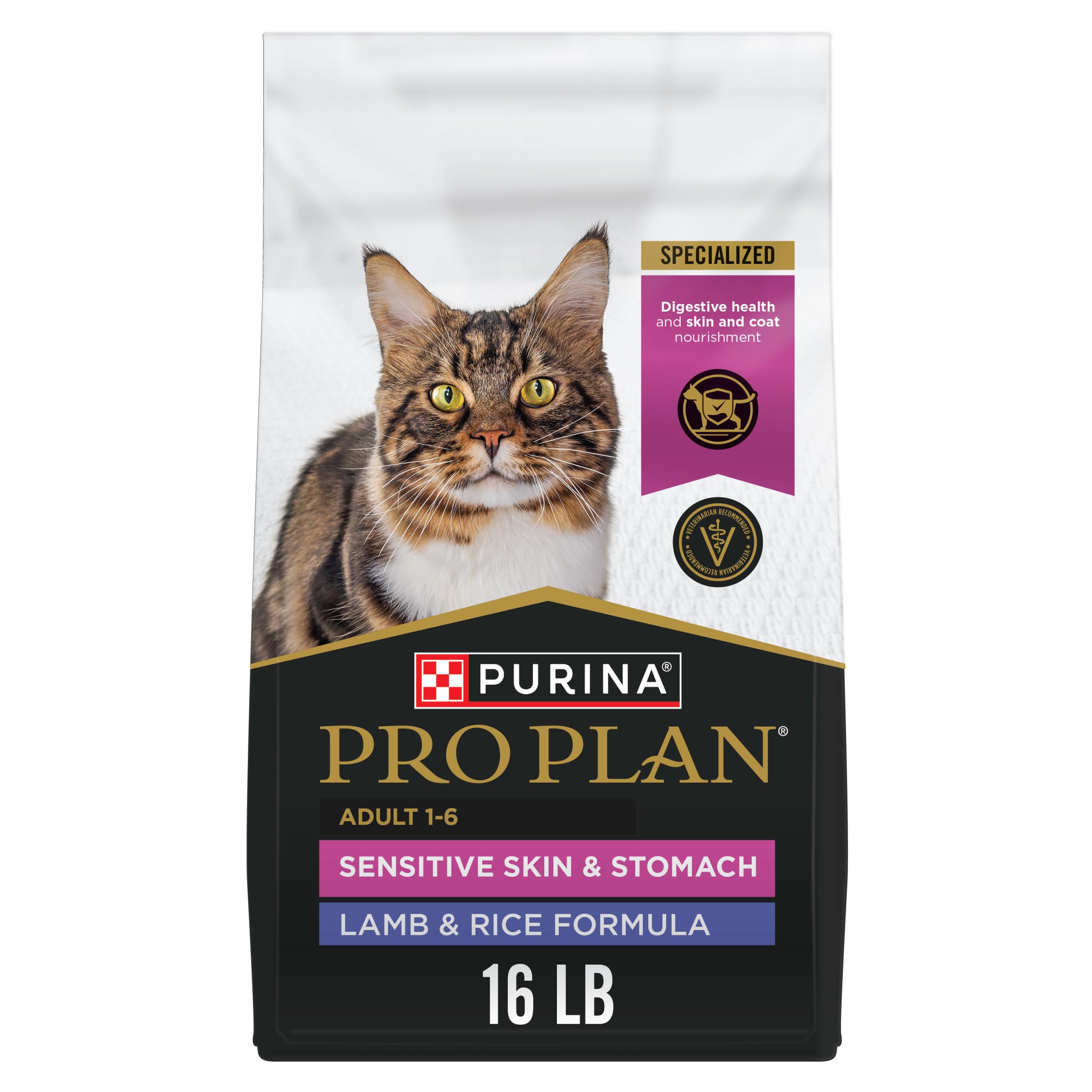 Purina Pro Plan bolsa frontal mostrando 16 lb y beneficios para piel sensible