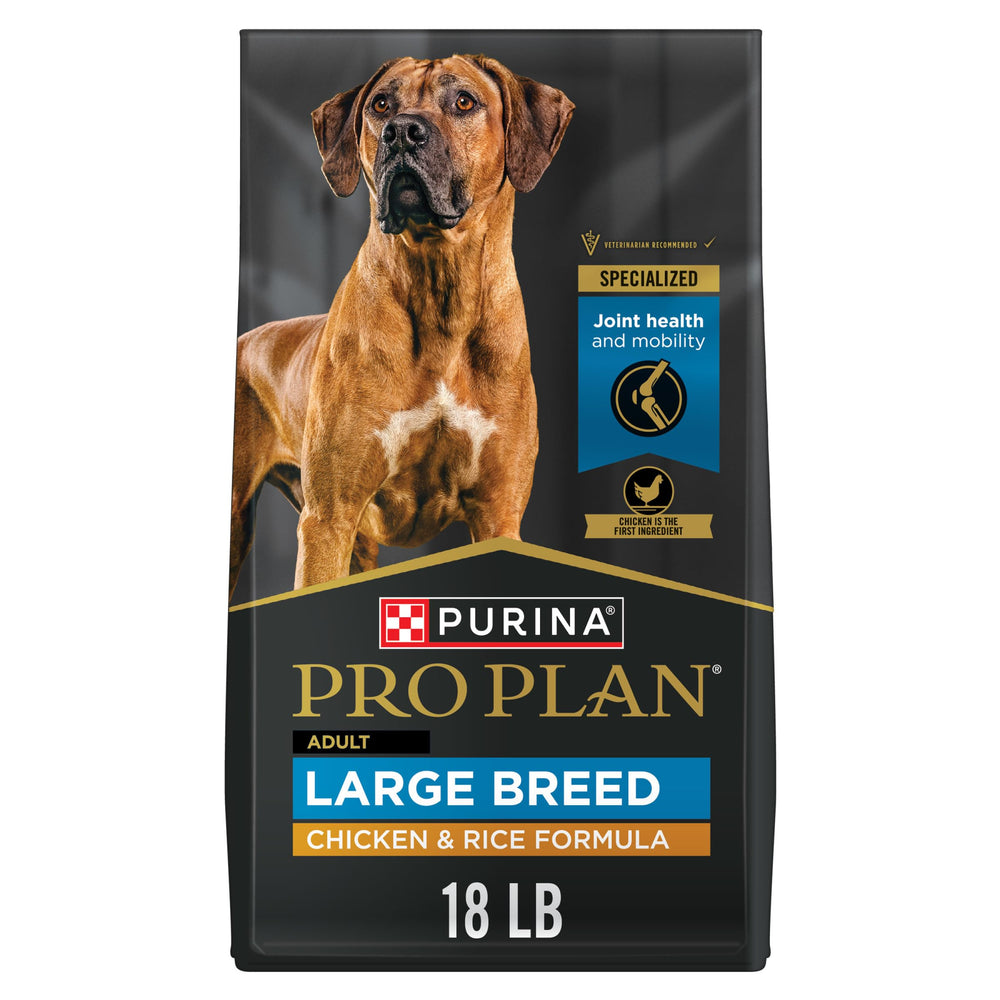 Purina Pro Plan bolsa frontal mostrando formula pollo y arroz y beneficios