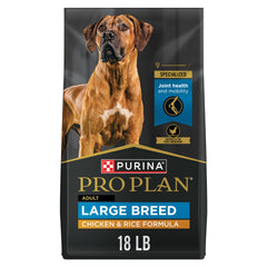 Purina Pro Plan bolsa frontal mostrando formula pollo y arroz y beneficios