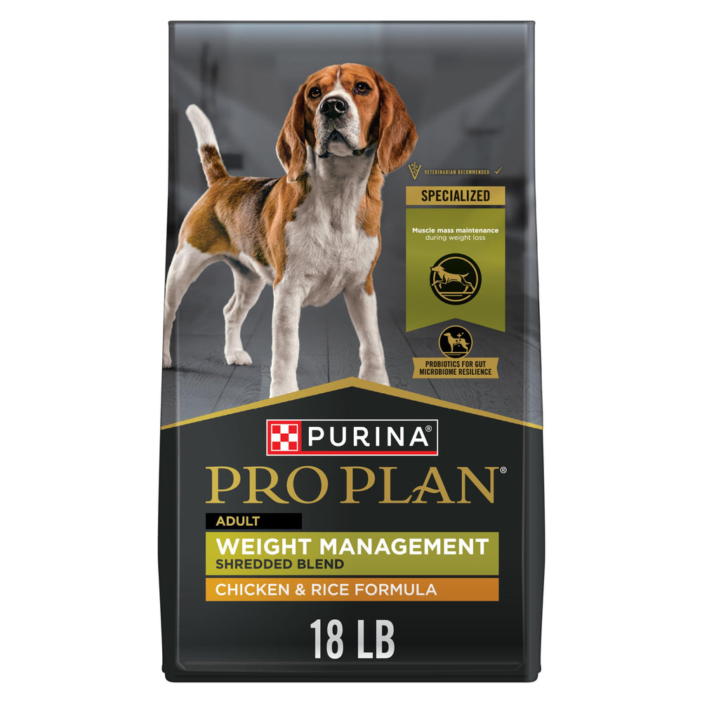 Purina Pro Plan bolsa frontal de 18 lb mostrando el producto y control de peso