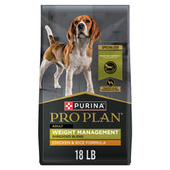 Purina Pro Plan bolsa frontal de 18 lb mostrando el producto y control de peso