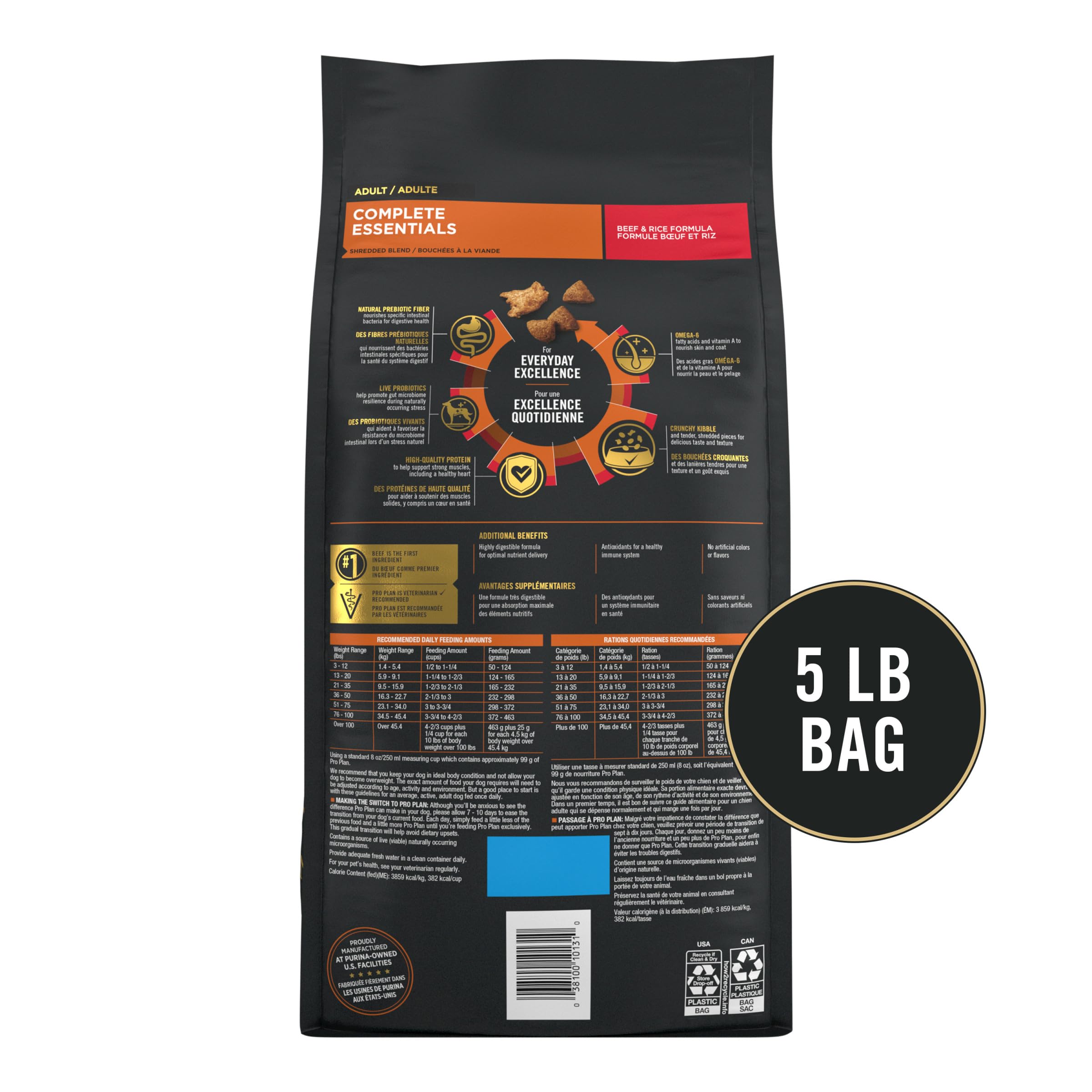 Purina Pro Plan bolsa 5 lb junto a objeto de referencia para tamaño claro