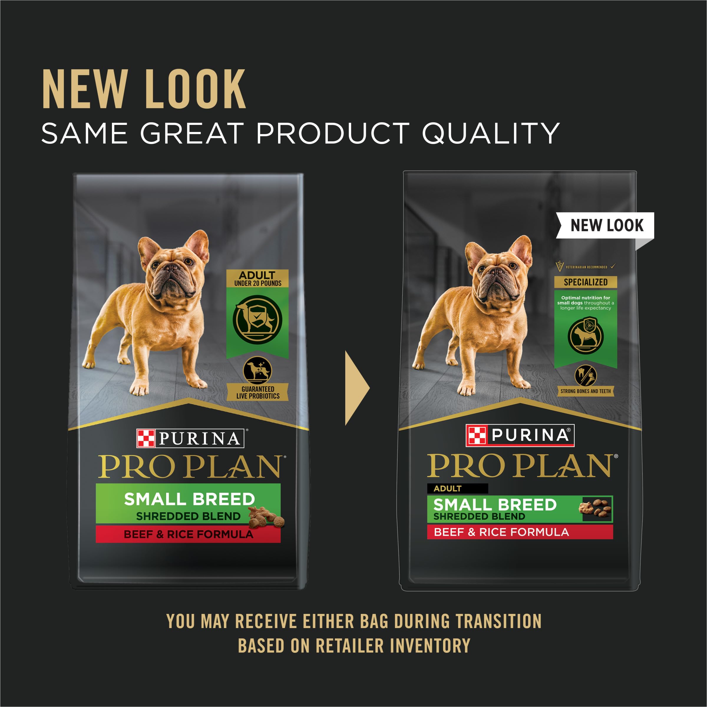 Purina Pro Plan detalle que muestra croquetas pequeñas y trozos desmenuzados, textura atractiva